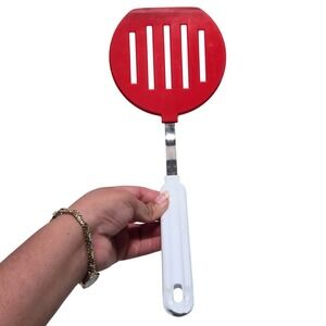 Vintage Robinson Stainless USA Red Slotted Spatula‎ Turner White Plastic Handle